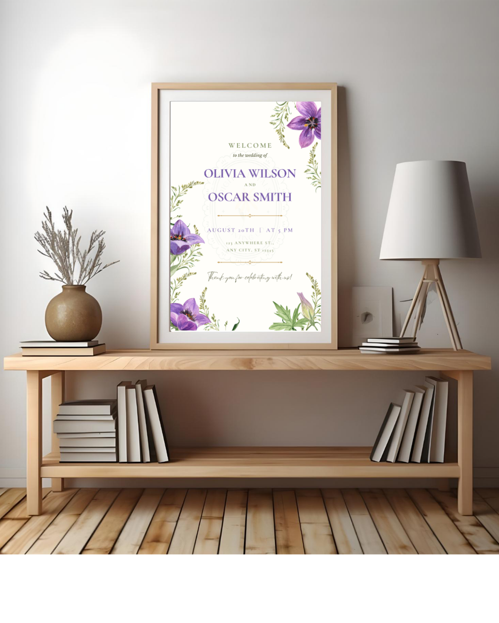 Violet Wildflower Wedding Welcome Sign | Editable Canva Template | Digital Download