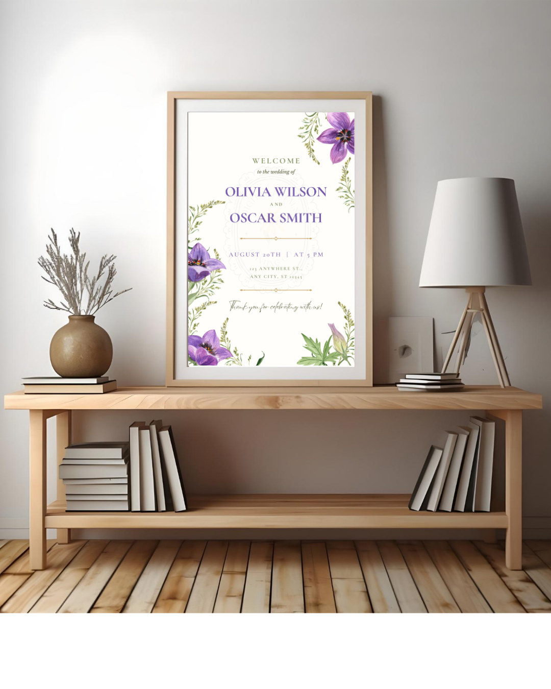Violet Wildflower Wedding Welcome Sign | Editable Canva Template | Digital Download