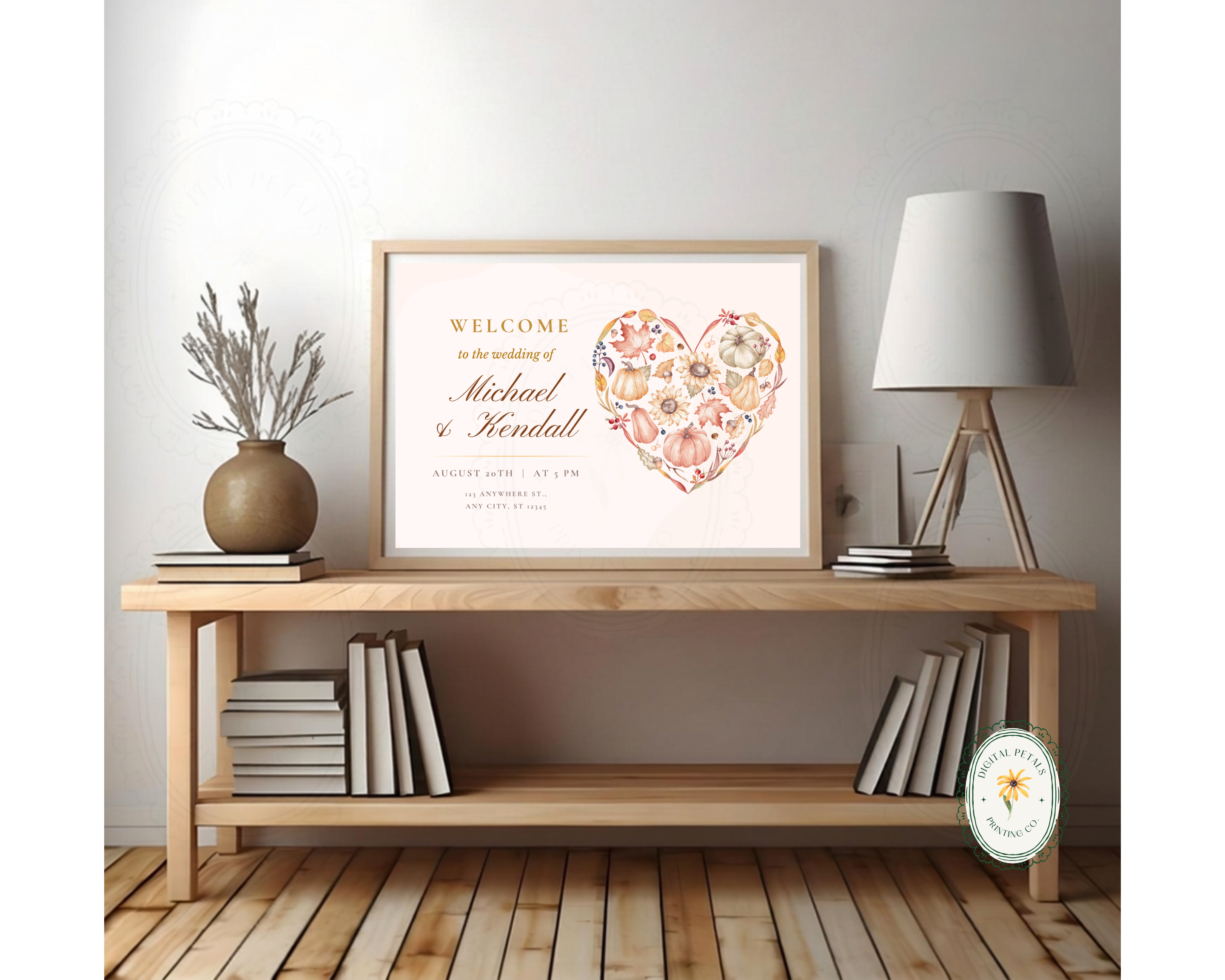 Autumn Wedding Welcome Sign | Rustic Heart Floral Border | Editable Canva Digital Download | Print at Home