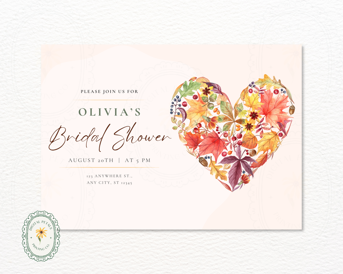 Amber Fall Heart Bridal Shower Invitation | Printable Landscape Template | Digital Download
