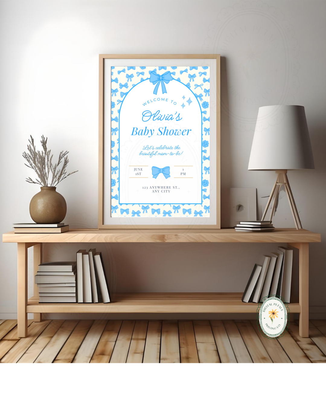 Baby Boy Shower Welcome Sign Template | Blue Ribbons & Bows | Canva Editable