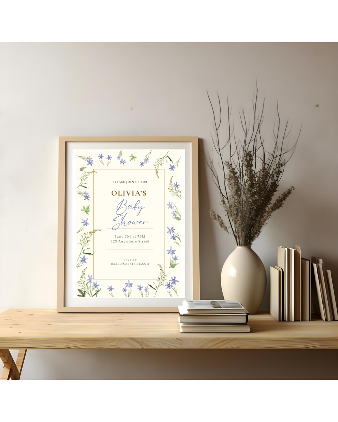 Blue Floral Border Baby Shower Invitation Template | Editable Digital Download