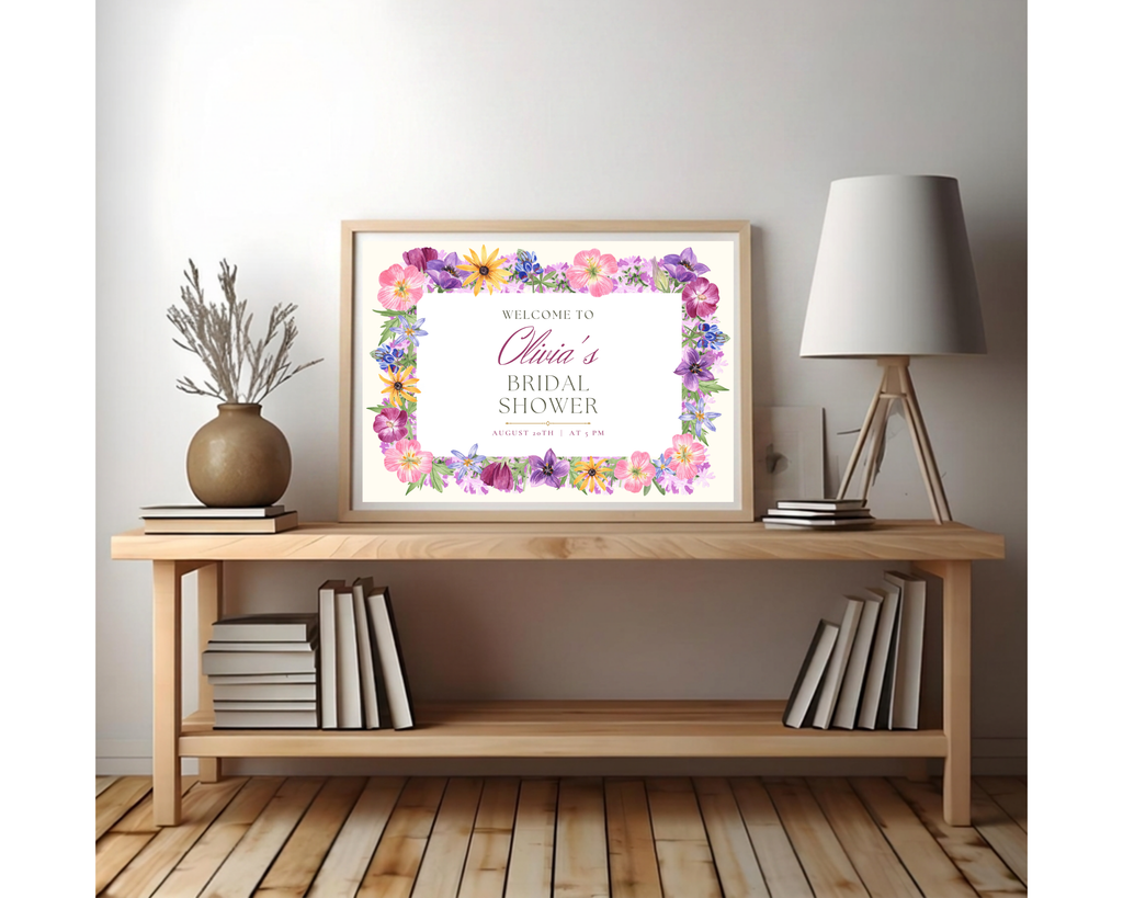 Bridal Shower Garden Party Welcome Sign Wildflower Border Template | Editable Canva Digital Download