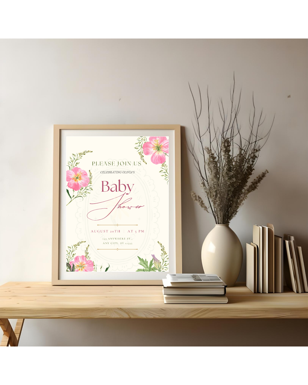Dusty Rose & Blush Pink Wildflower Baby Shower Invitation | Minimalist Printable Invite | Digital Download