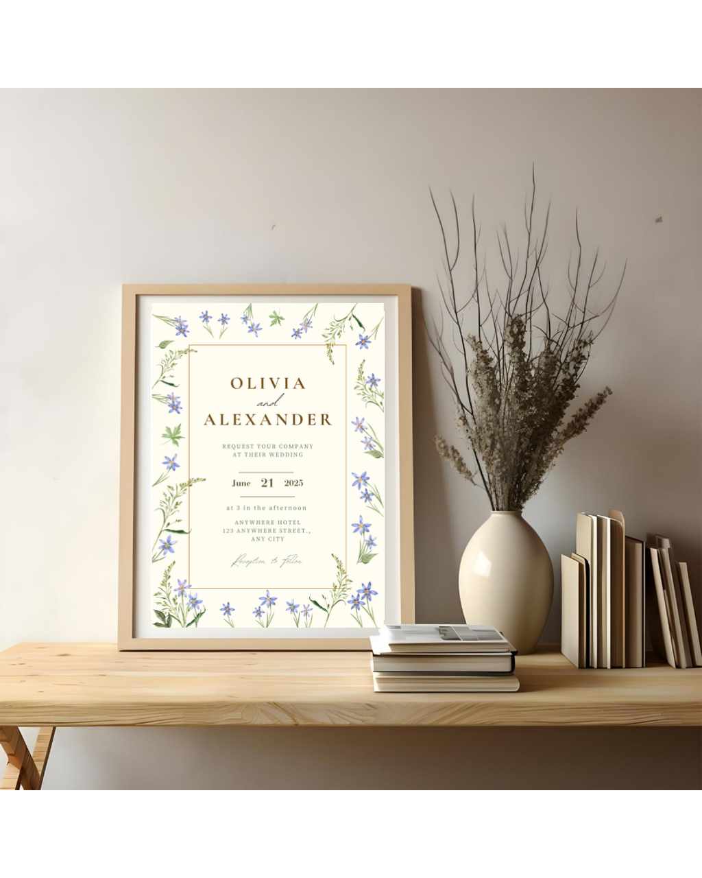 Blue Floral Border Wedding Invitation Template | Editable Digital Download