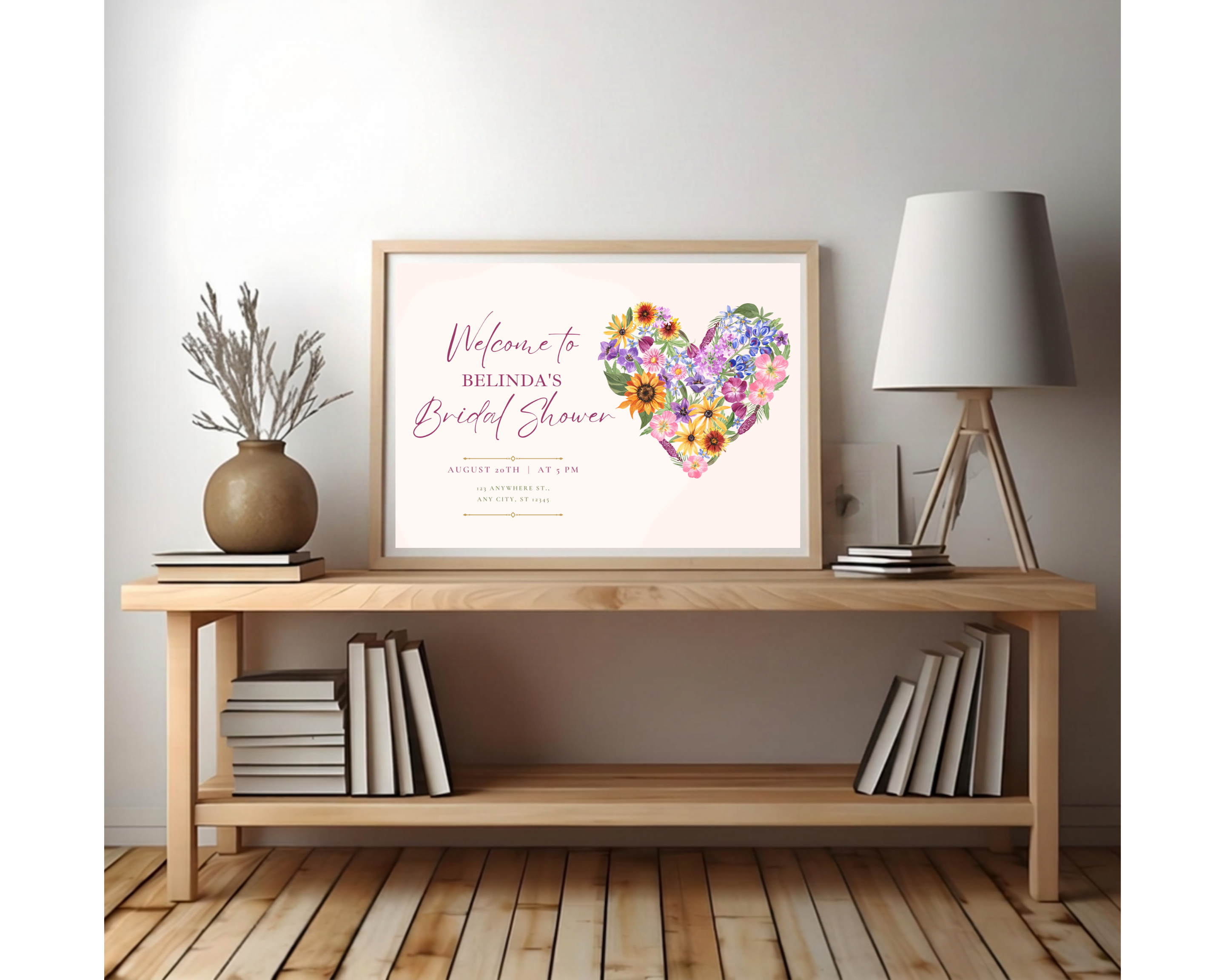 Wildflower Bridal Shower Welcome Sign | Boho Floral Heart Border | Editable Canva Digital Download | Print at Home