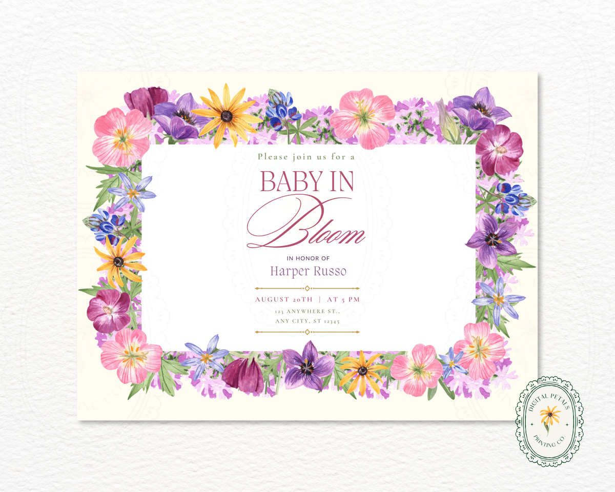 Baby in Bloom Baby Shower Wildflower Invitation | Floral Landscape Digital Download | Canva Editable