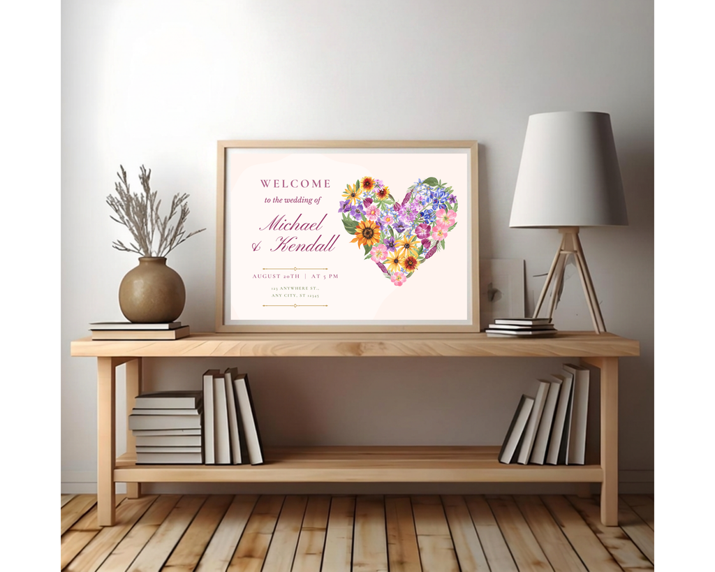 Wildflower Wedding Welcome Sign | Boho Floral Heart Border | Editable Canva Digital Download | Print at Home