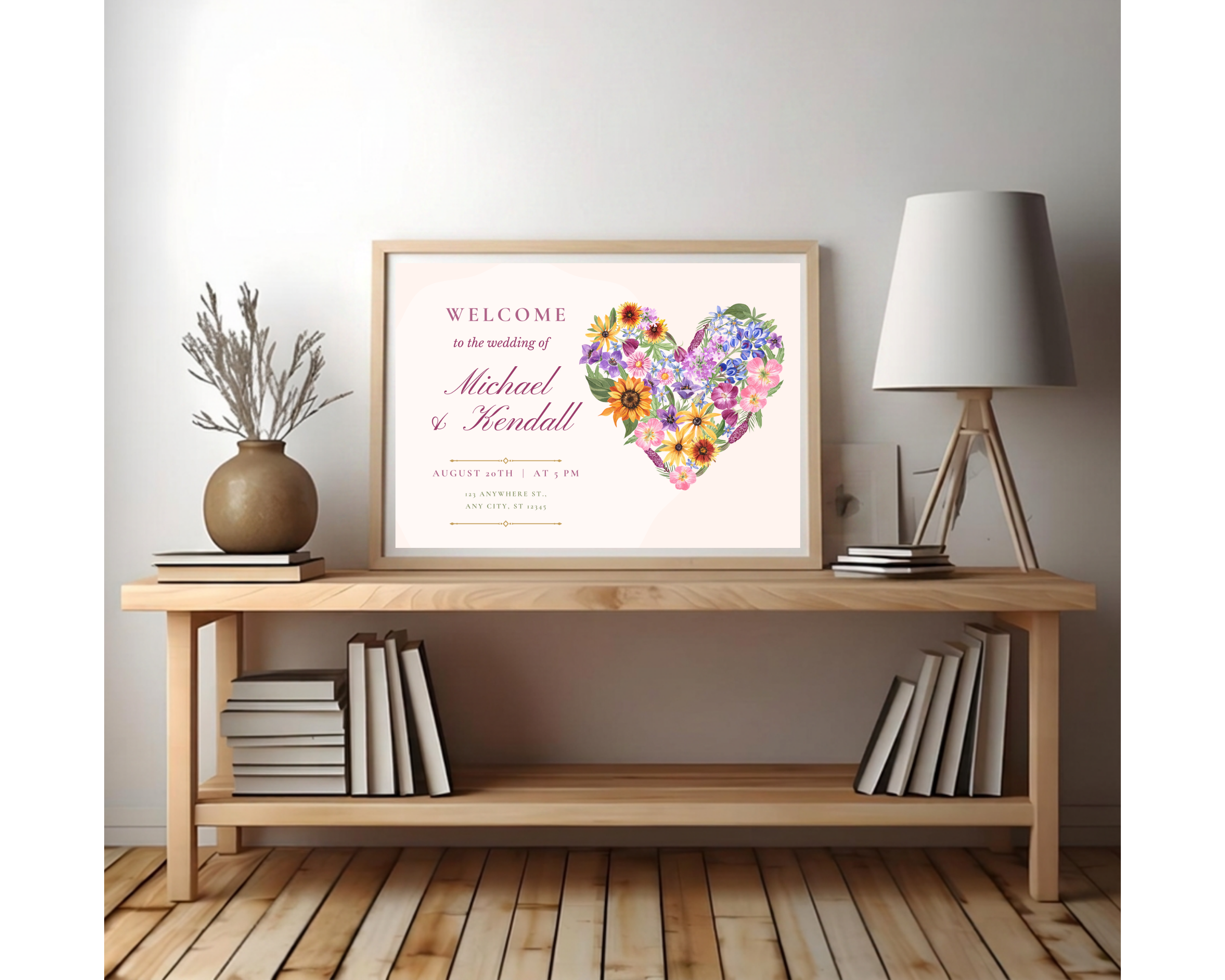 Wildflower Wedding Welcome Sign | Boho Floral Heart Border | Editable Canva Digital Download | Print at Home