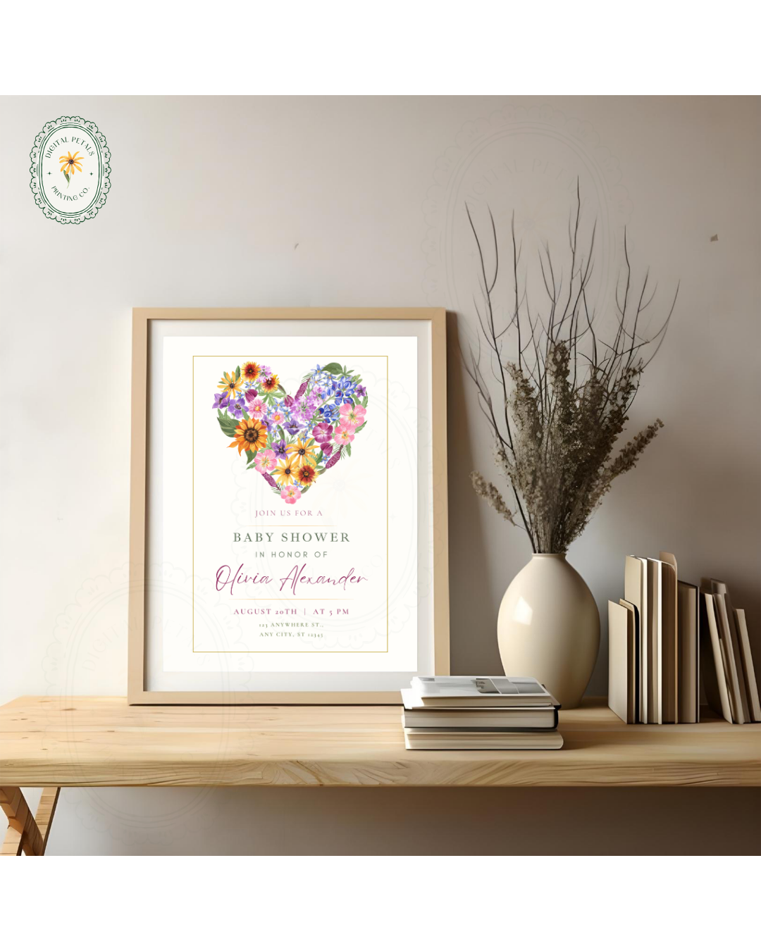 Boho Wildflower Heart Baby Shower Invitation — Editable Digital Download Template