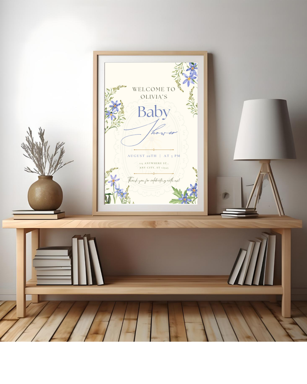 Powder Blue Wildflower Baby Shower Welcome Sign | Editable Canva Template | Digital Download