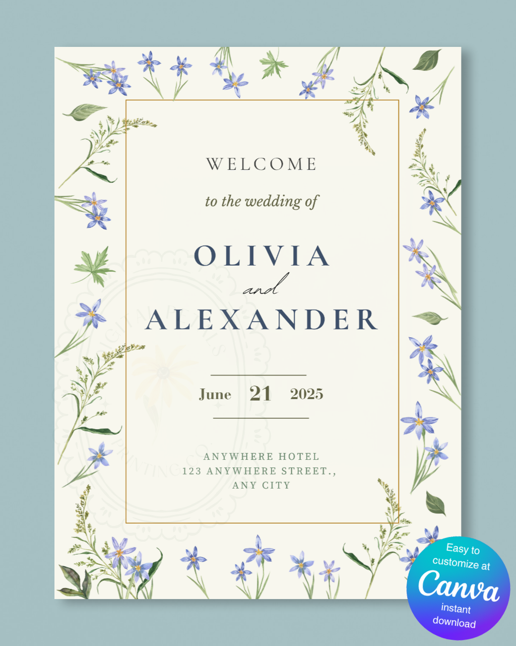 Dusty Blue Floral Botanical Wedding Welcome Sign | Editable Canva Template | Digital Download