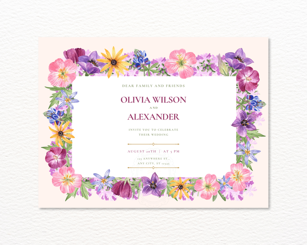 Dusty Lilac Wildflower Border Wedding Landscape Invitation | Printable Landscape Template | Digital Download