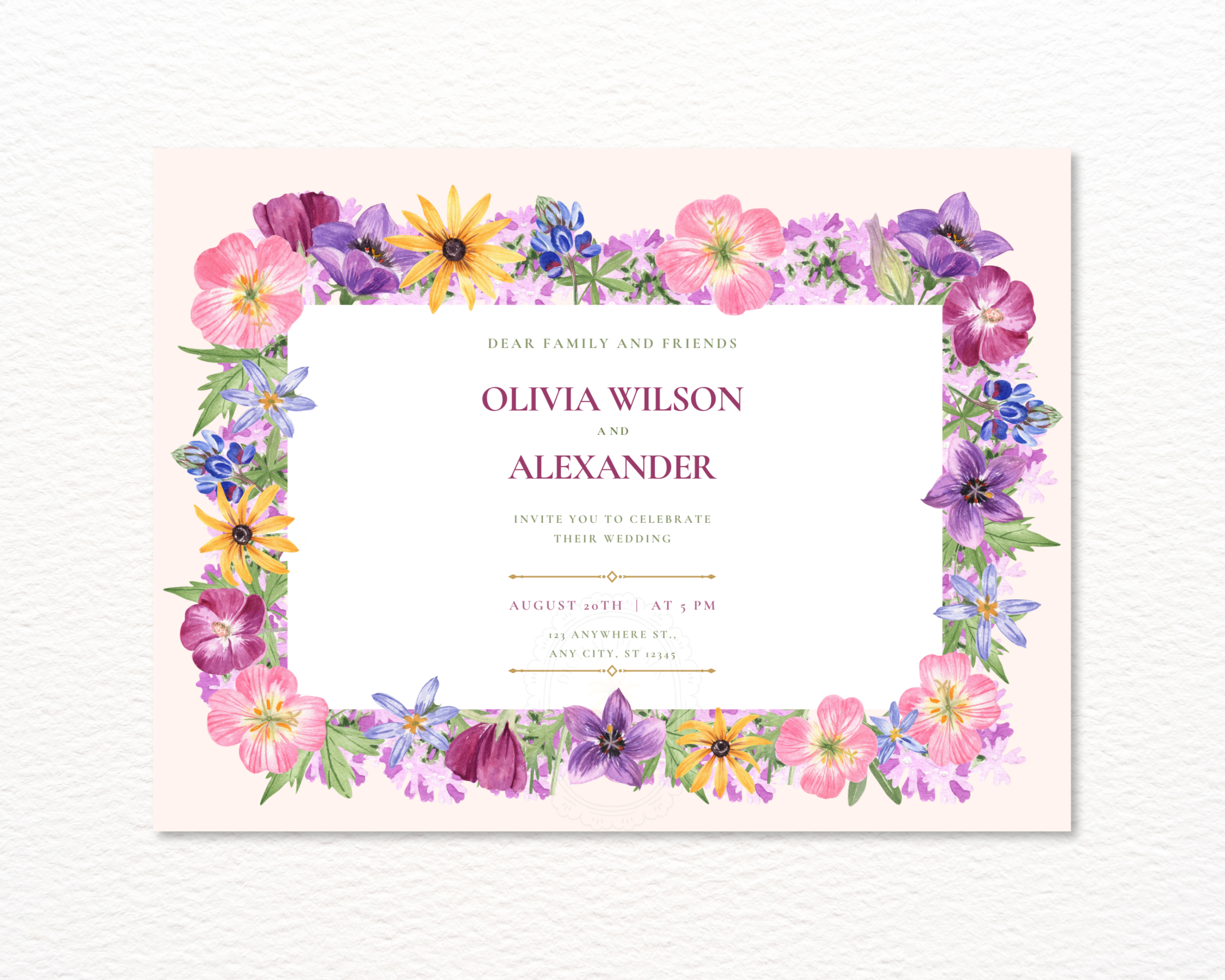 Dusty Lilac Wildflower Border Wedding Landscape Invitation | Printable Landscape Template | Digital Download