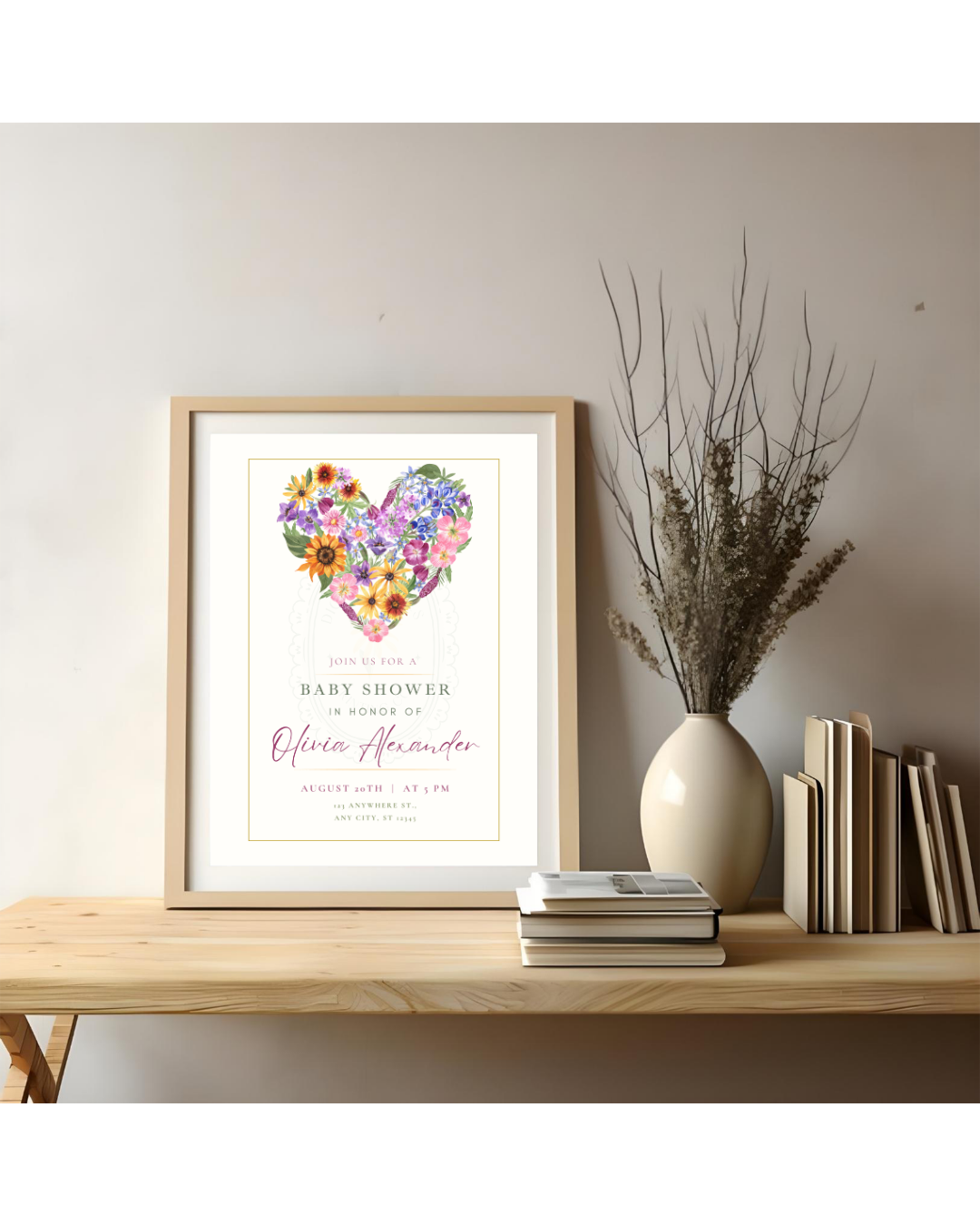 Boho Wildflower Heart Baby Shower Invitation — Editable Digital Download Template