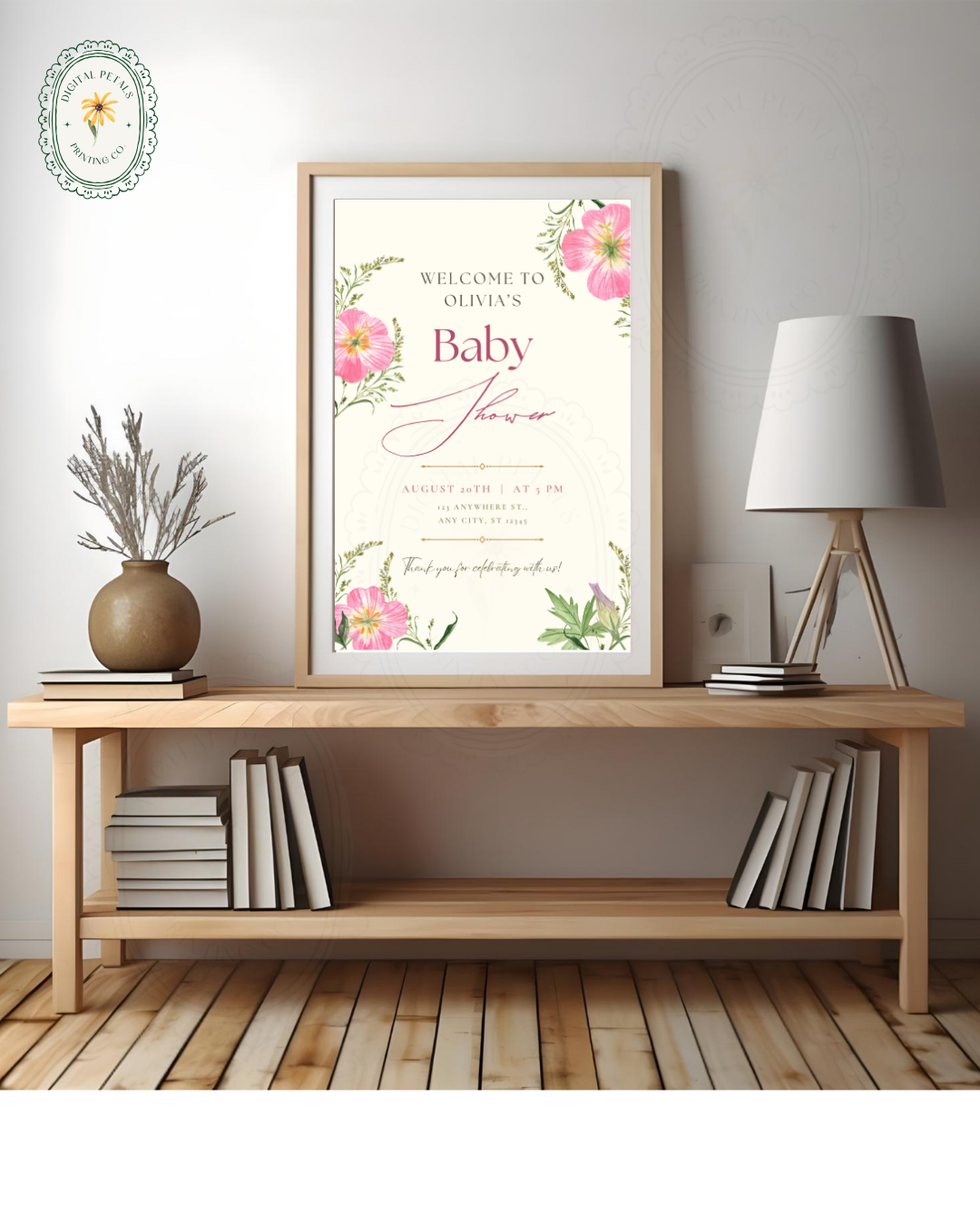 Dusty Rose & Blush Pink Wildflower Baby Shower Welcome Sign | Editable Canva Template | Digital Download