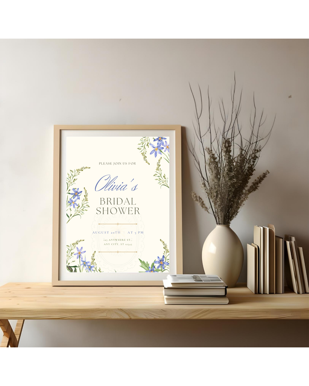 Dusty Blue Floral Border Bridal Shower Invitation Template | Editable Digital Download