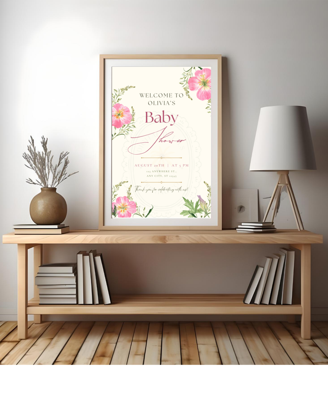 Dusty Rose & Blush Pink Wildflower Baby Shower Welcome Sign | Editable Canva Template | Digital Download