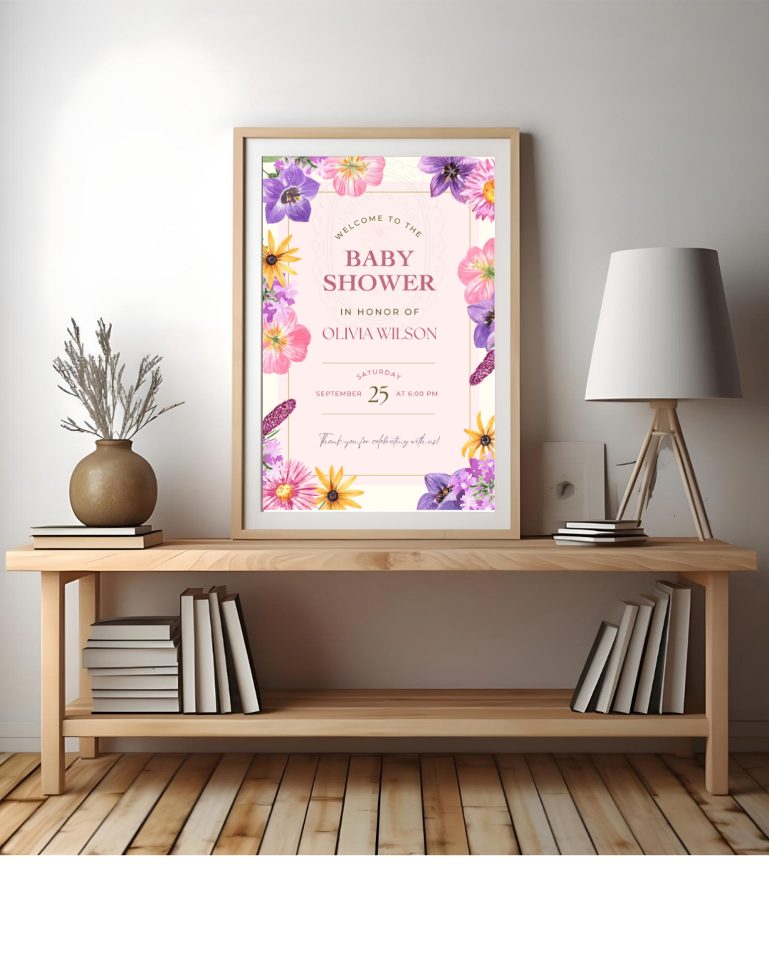 Pink Cottagecore Baby Shower Welcome Sign | Editable Canva Template, Wildflower Floral