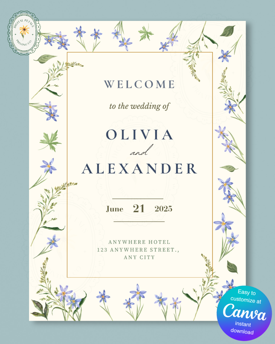 Dusty Blue Floral Botanical Wedding Welcome Sign | Editable Canva Template | Digital Download
