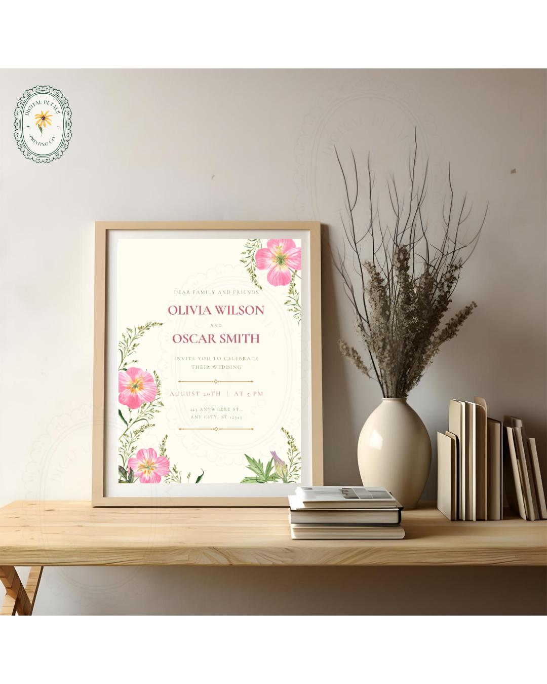 Dusty Rose & Blush Pink Primrose Wildflower Wedding Invitation | Minimalist Printable Invite | Digital Download