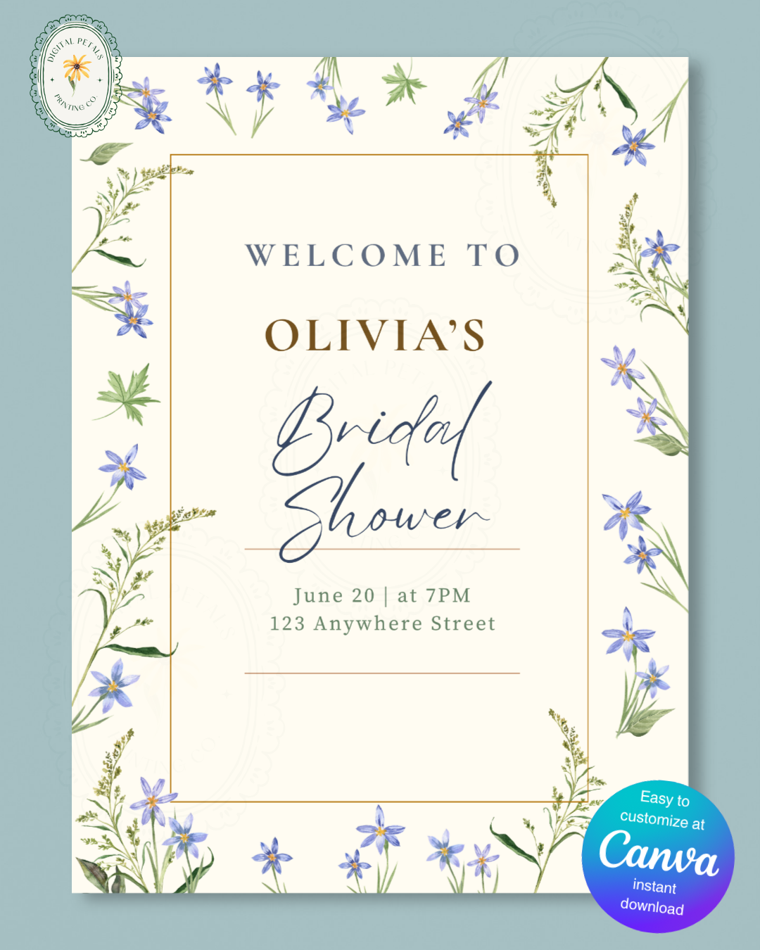 Dusty Blue Floral Botanical Bridal Shower Welcome Sign | Editable Canva Template | Digital Download