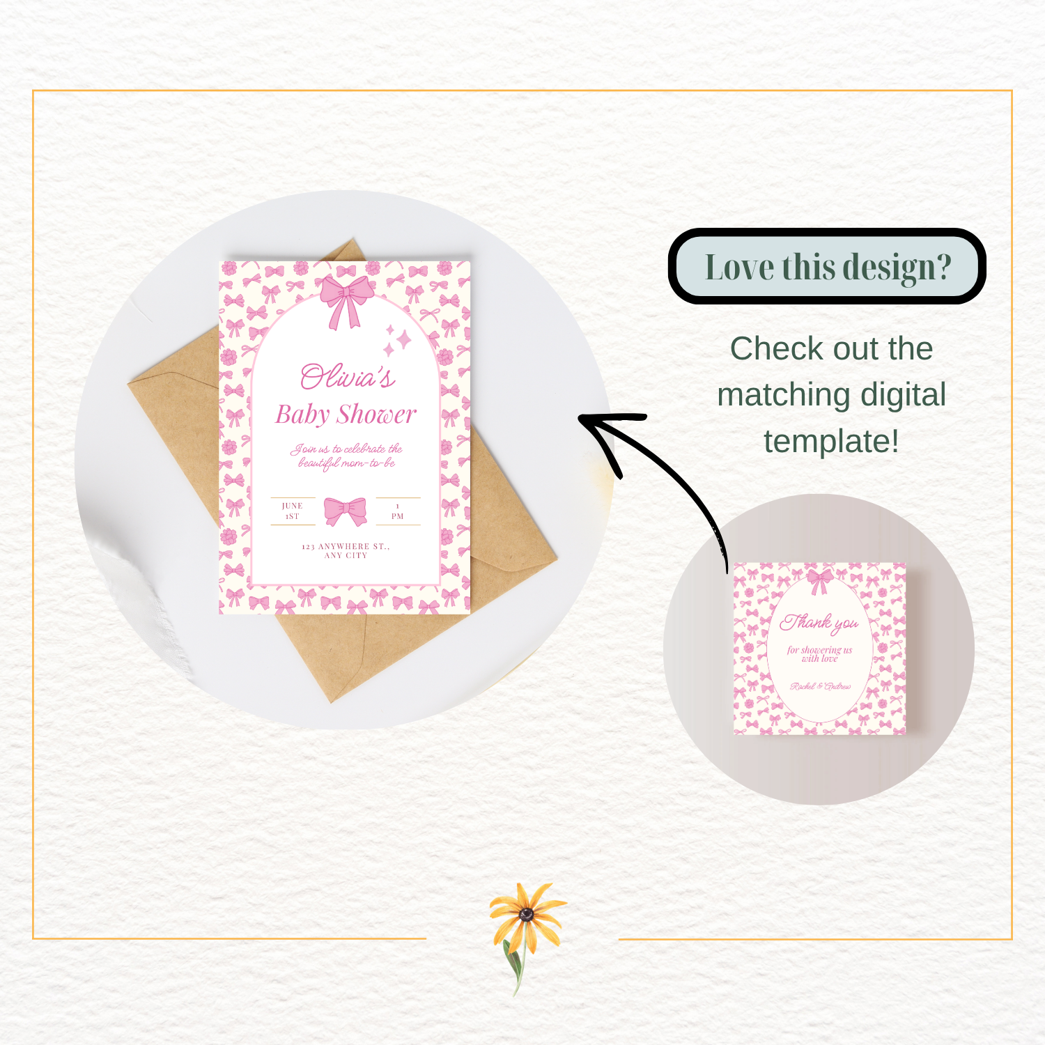 Pink Ribbons & Bows Baby Shower Thank You Card Template | Editable Canva Digital Download