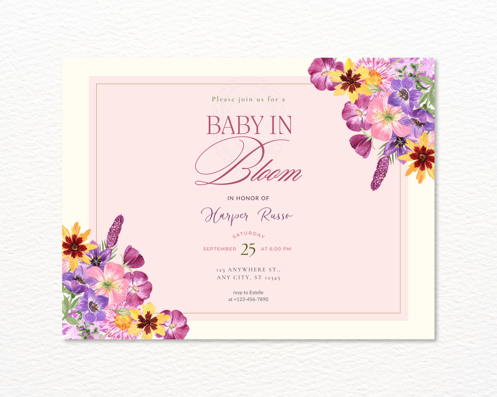 Baby in Bloom Spring Boho Baby Shower Invitation | Landscape Digital Download | Canva Editable