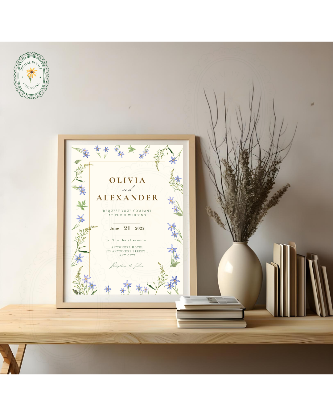 Dusty Blue Floral Border Wedding Invitation Template | Editable Digital Download
