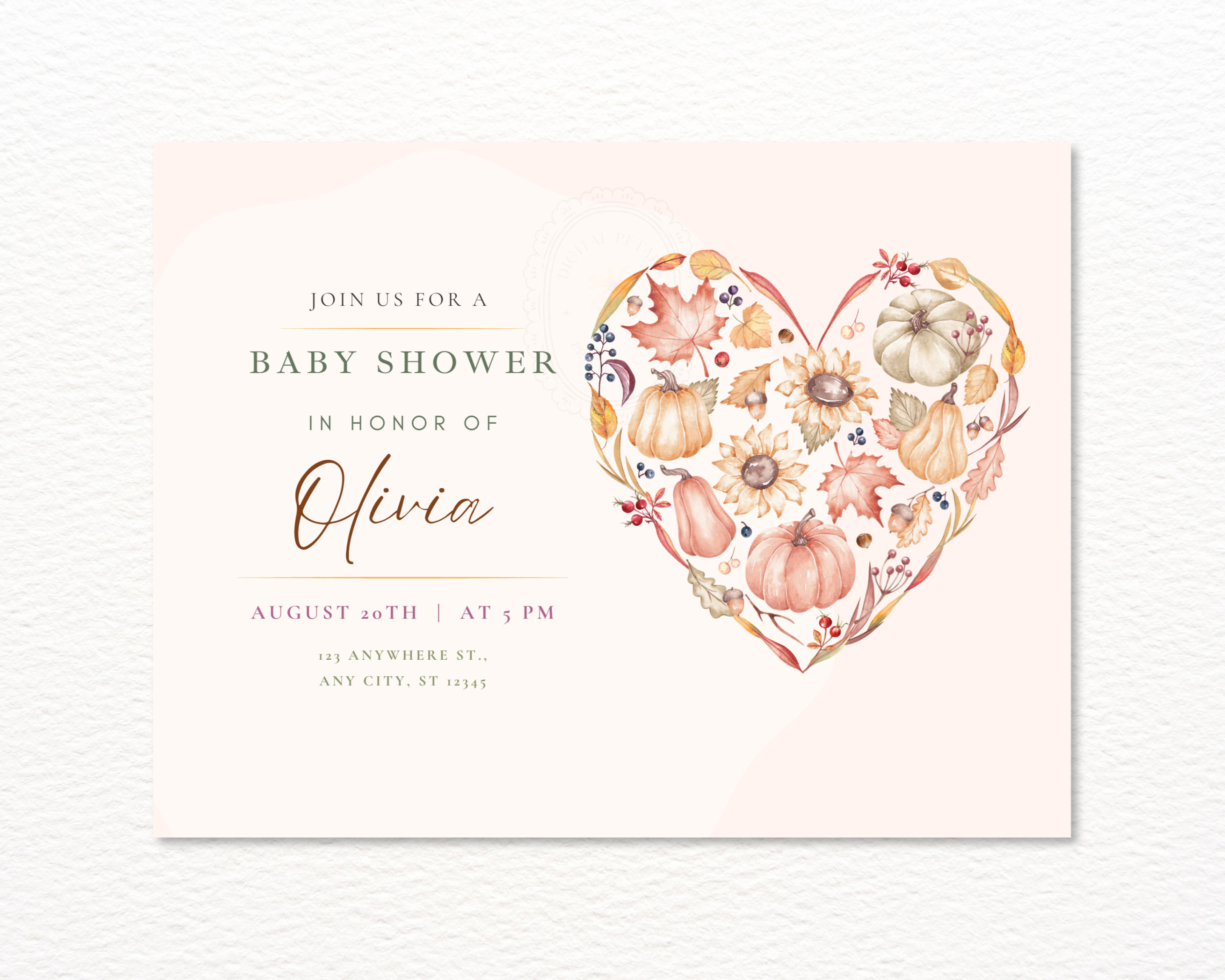 Autumn Heart Baby Shower Invitation | Autumn Floral Landscape | Canva Digital Download