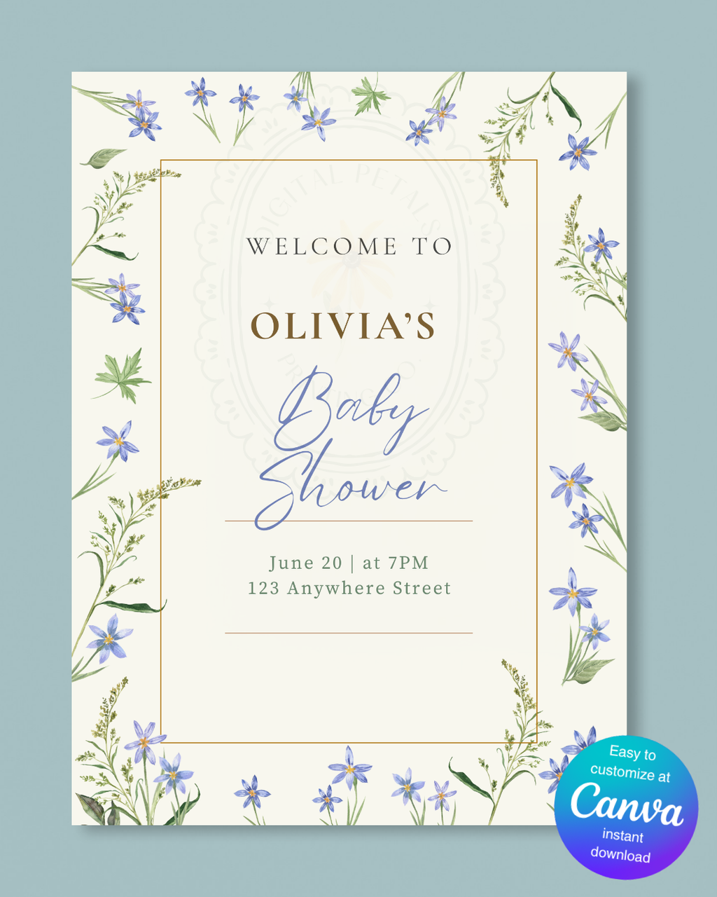 Dusty Blue Floral Botanical Baby Shower Welcome Sign | Editable Canva Template | Digital Download