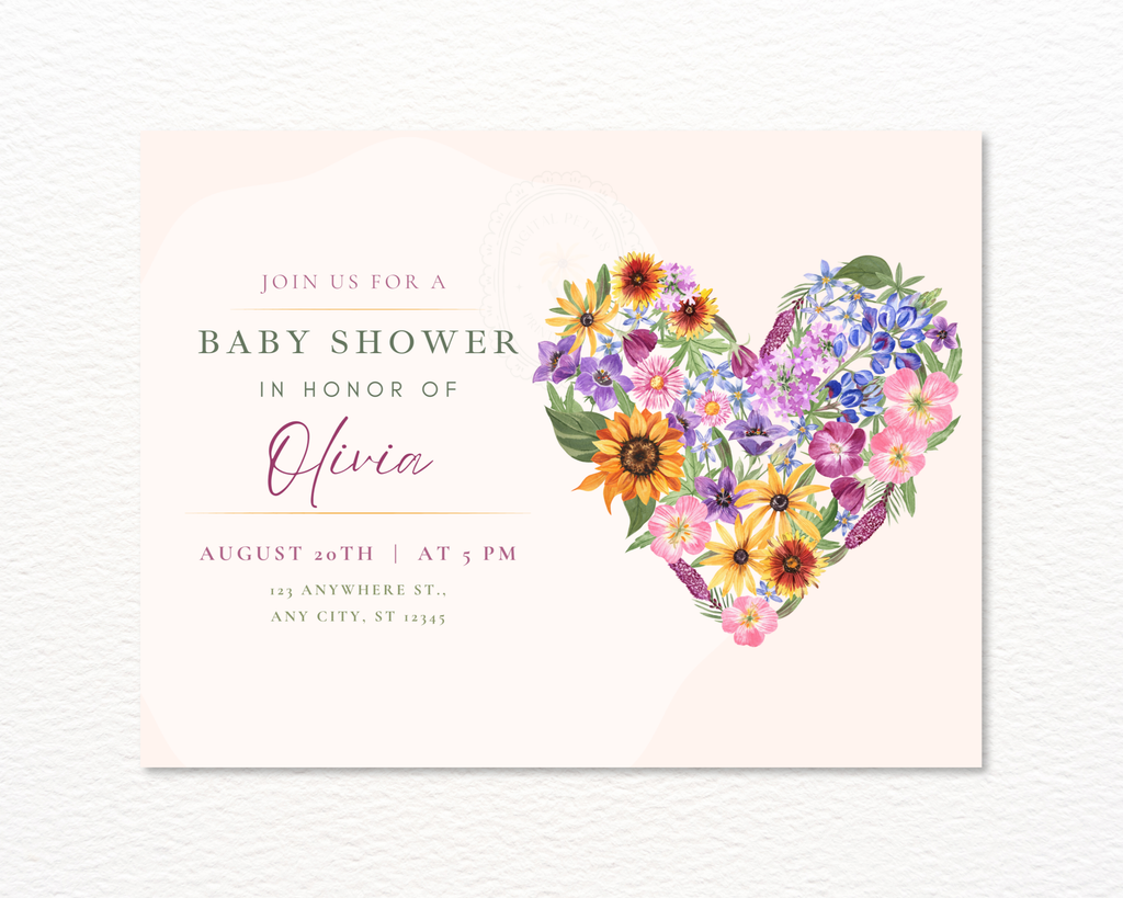 Lavender Cream Spring Heart Baby Shower Landscape Invitation | Floral Digital Download | Canva Editable