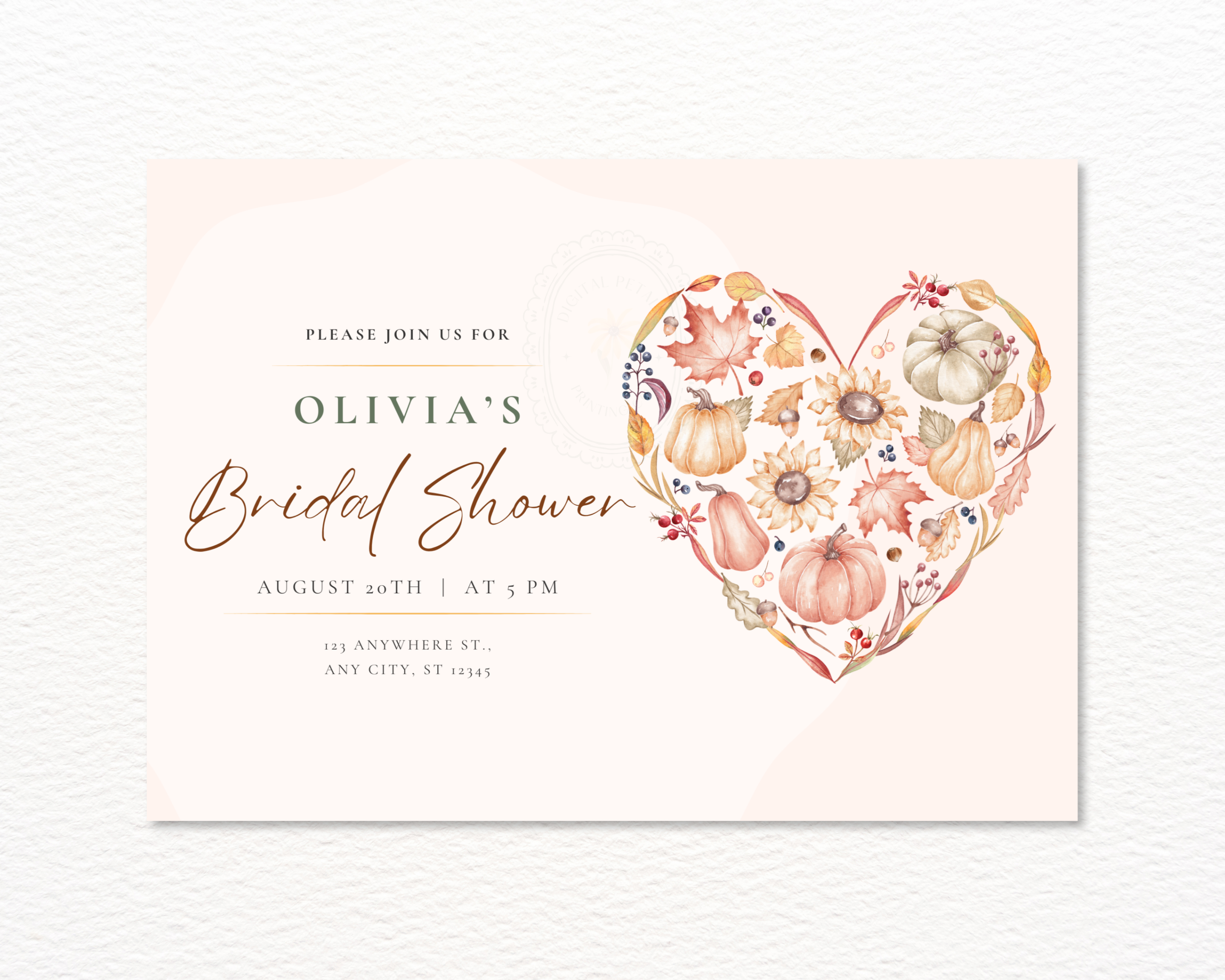 Pumpkin Sunflower Fall Bridal Shower Invitation | Printable Landscape Template | Digital Download
