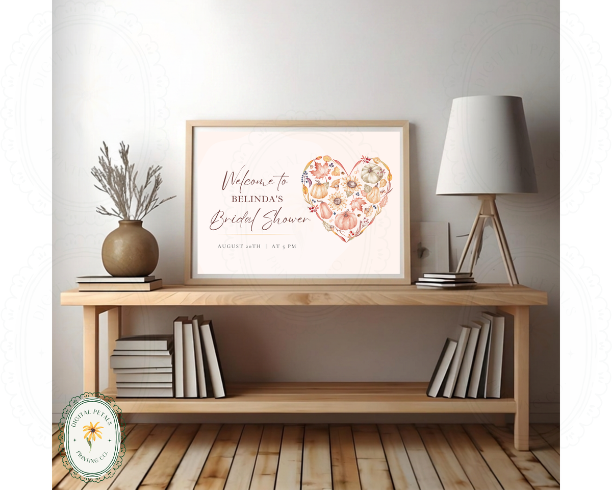 Autumn Bridal Shower Welcome Sign | Rustic Heart Floral Border | Editable Canva Digital Download | Print at Home