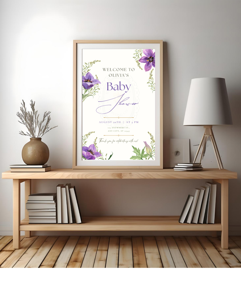 Violet Wildflower Baby Shower Welcome Sign | Editable Canva Template | Digital Download