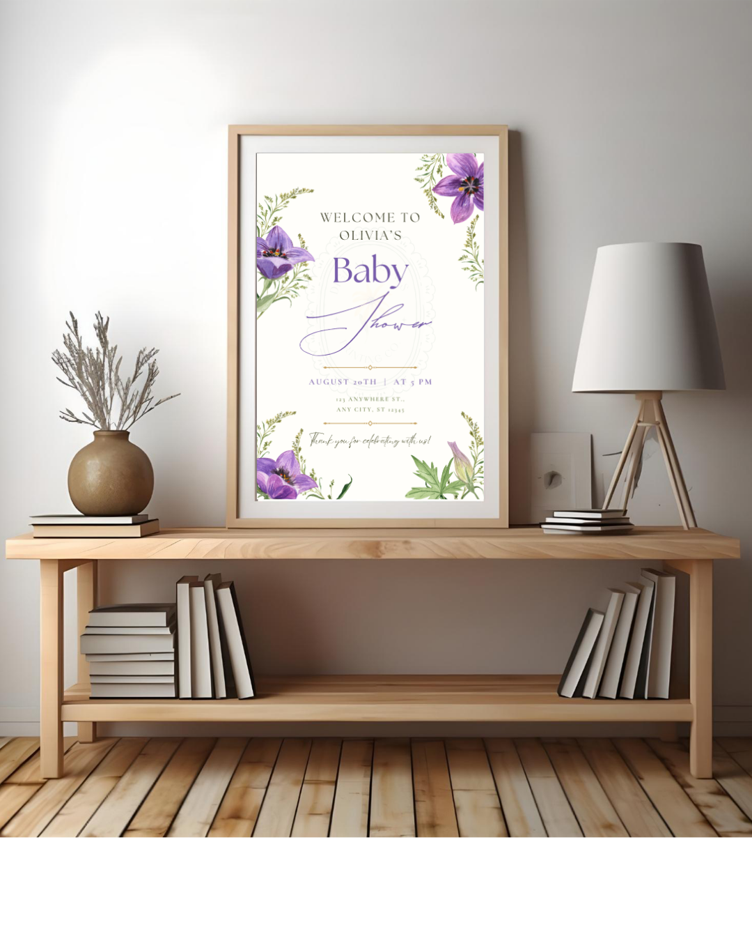 Violet Wildflower Baby Shower Welcome Sign | Editable Canva Template | Digital Download
