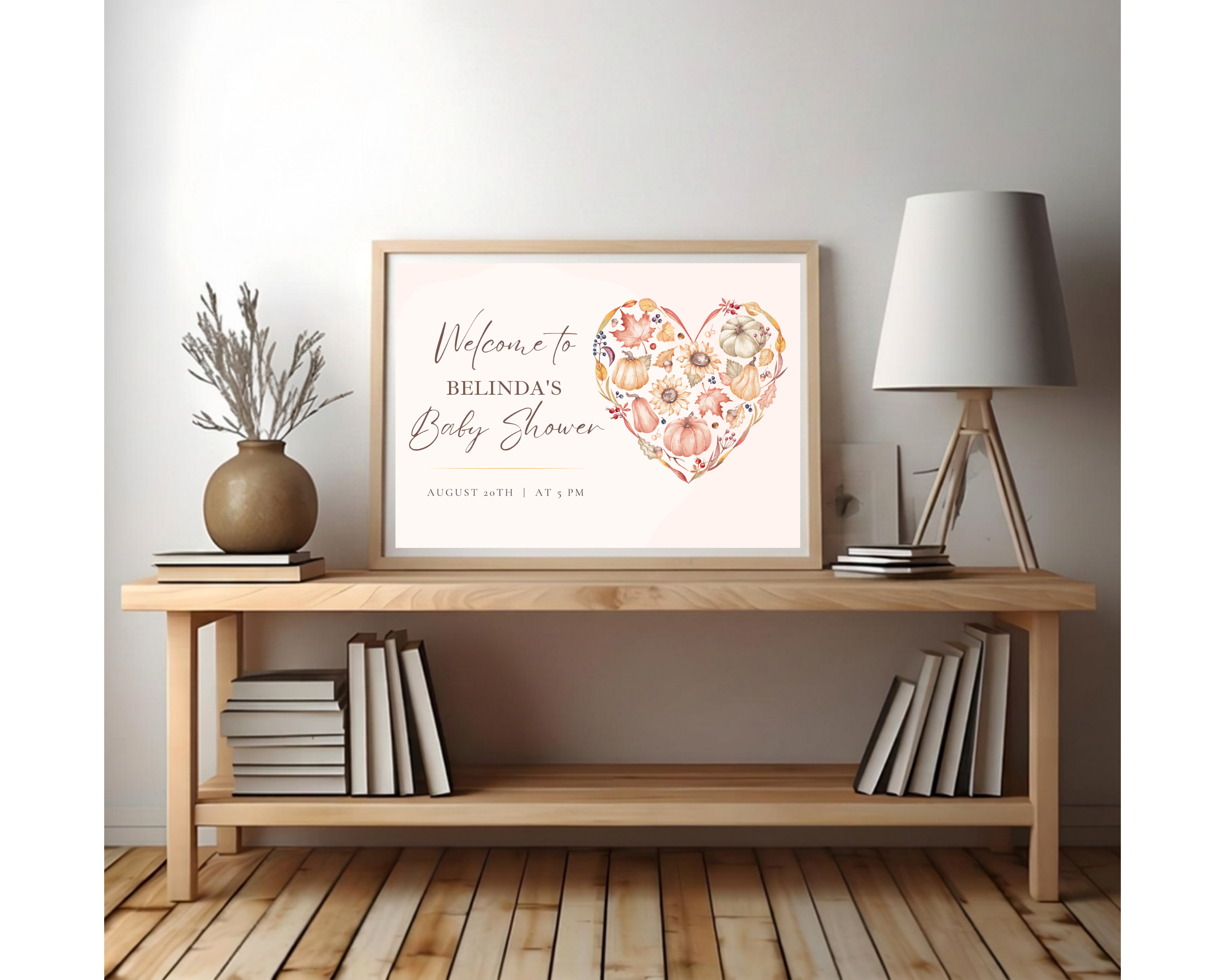 Autumn Baby Shower Welcome Sign | Rustic Heart Floral Border | Editable Canva Digital Download | Print at Home