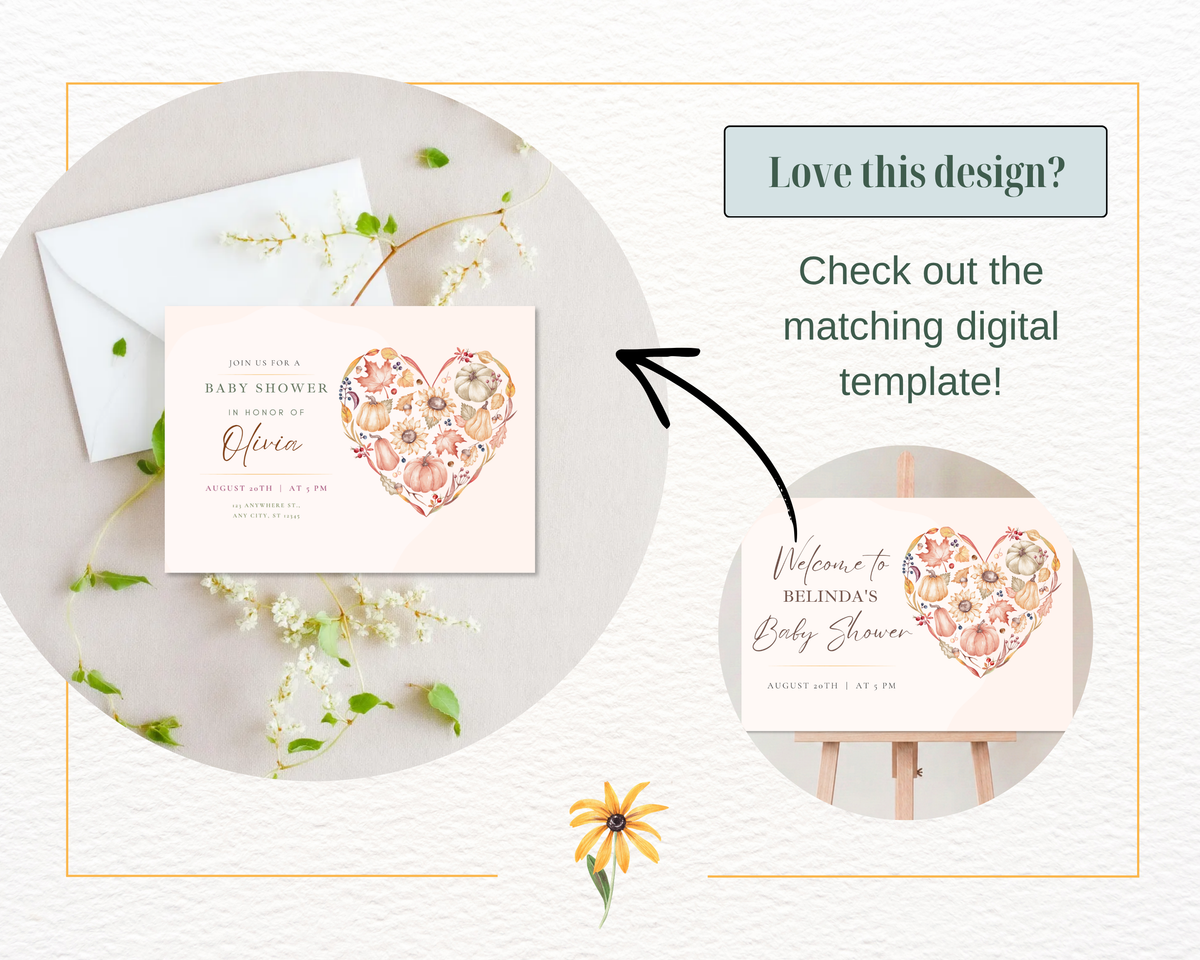Autumn Baby Shower Welcome Sign | Rustic Heart Floral Border | Editable Canva Digital Download | Print at Home