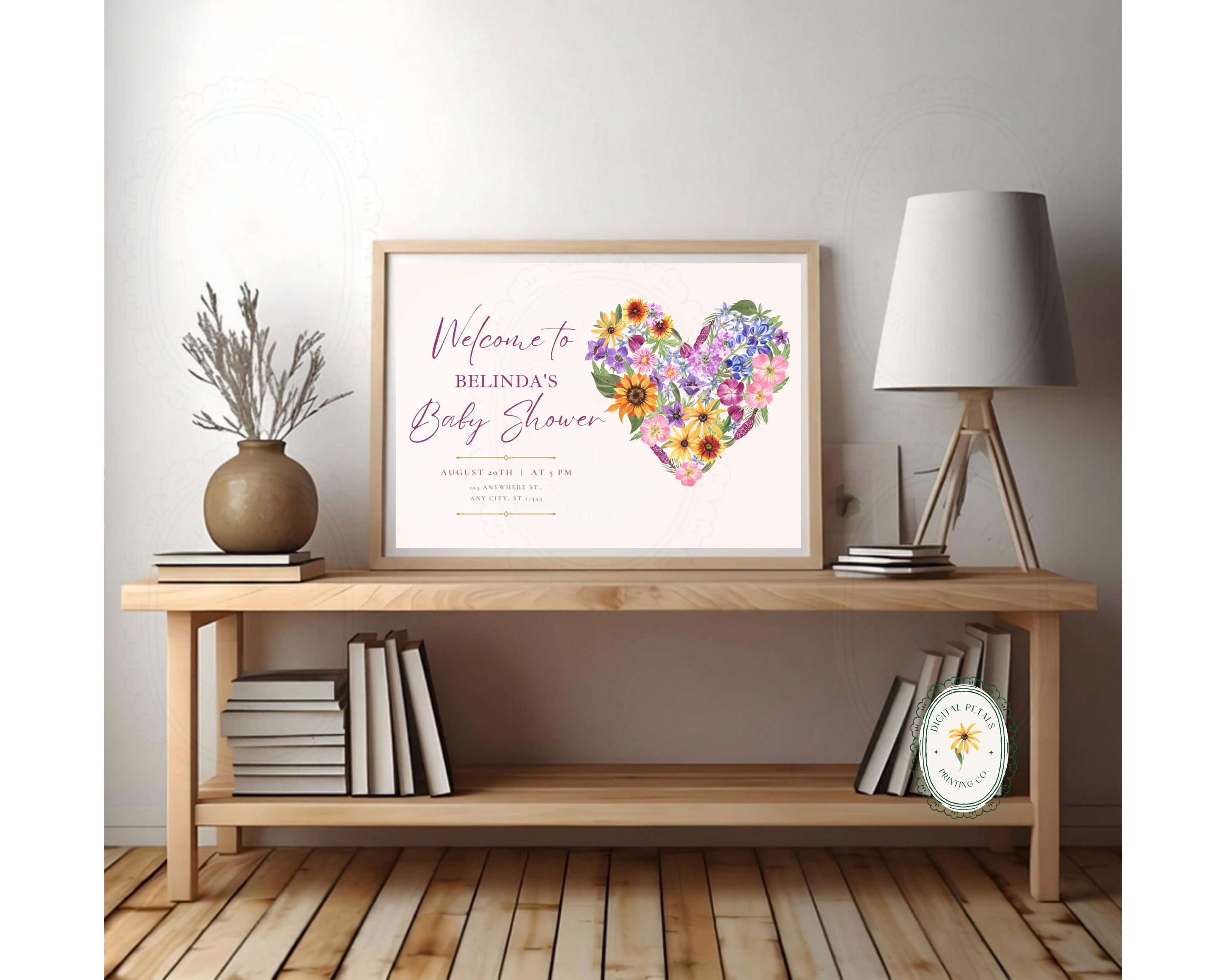 Wildflower Baby Shower Welcome Sign | Boho Floral Heart Border | Editable Canva Digital Download | Print at Home