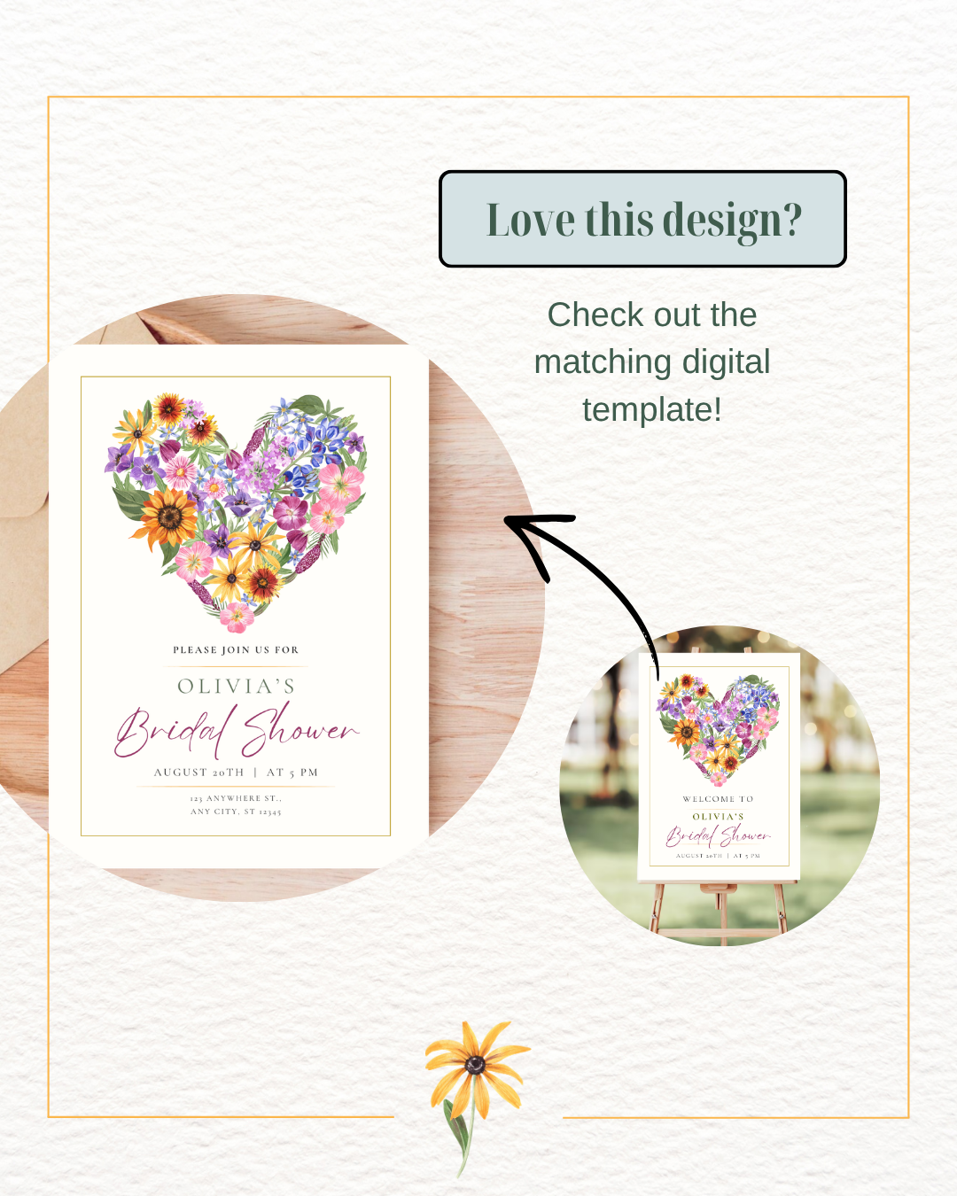 Boho Wildflower Heart Bridal Shower Welcome Sign | Editable Canva Template | Digital Download