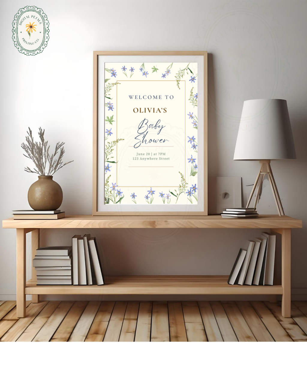 Dusty Blue Floral Botanical Baby Shower Welcome Sign | Editable Canva Template | Digital Download