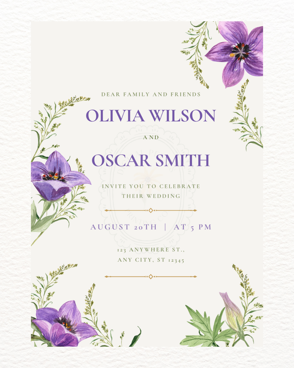 Violet Wildflower Wedding Invitation | Minimalist Printable Invite | Digital Download