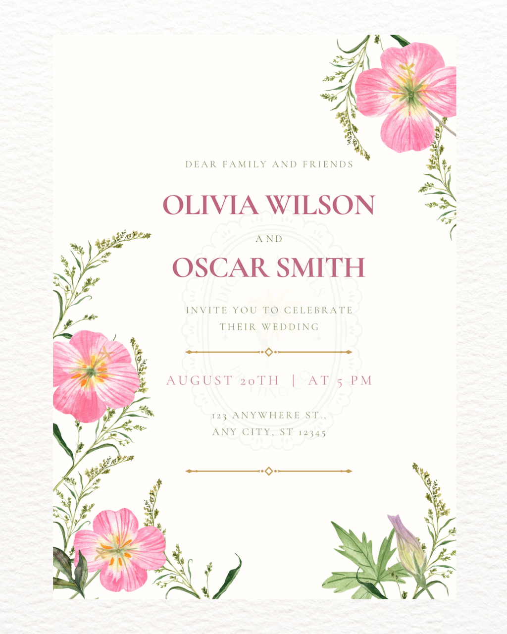Pink Primrose Wildflower Wedding Invitation | Minimalist Printable Invite | Digital Download