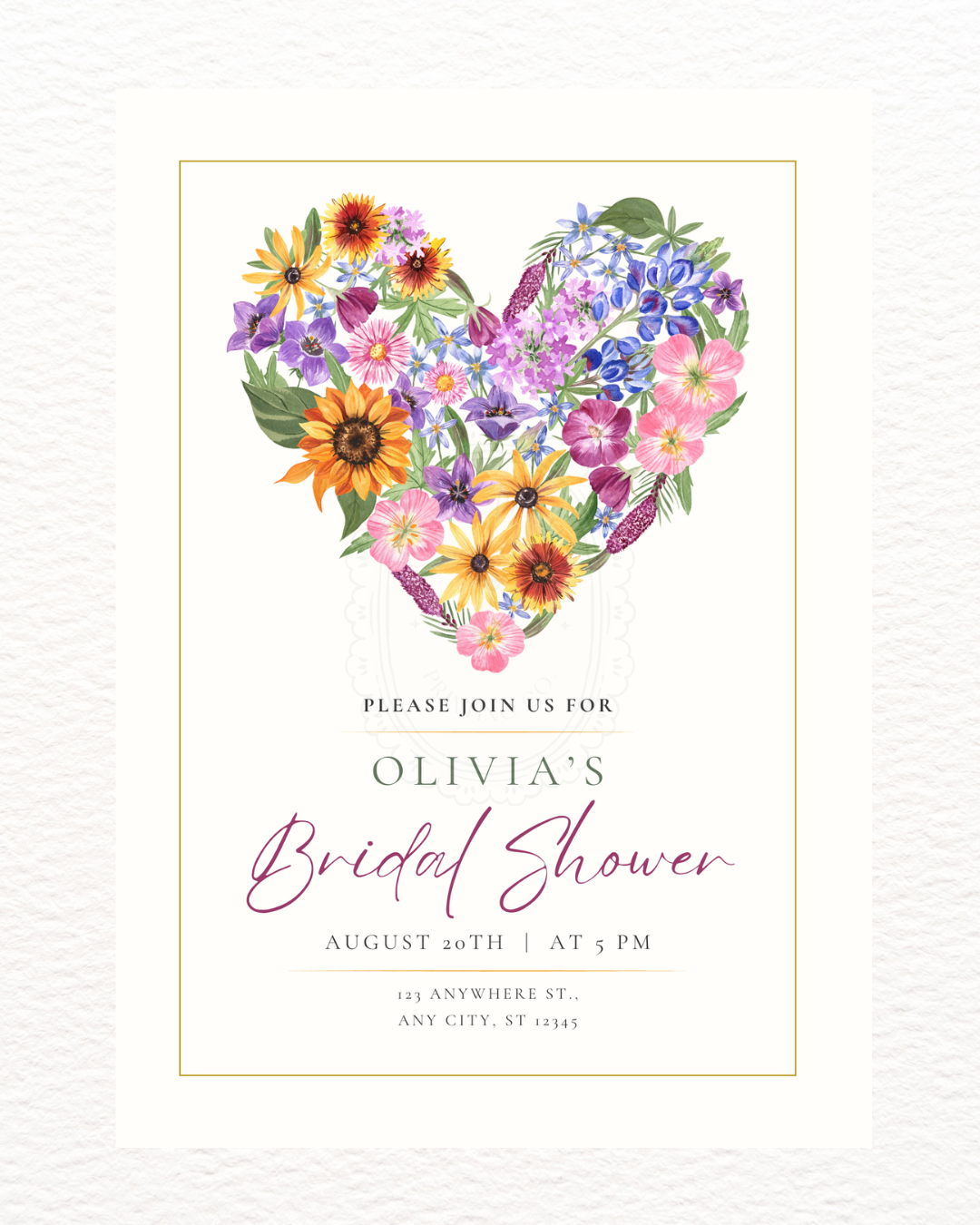 Wildflower Heart Bridal Shower Invitation — Editable Digital Download Template