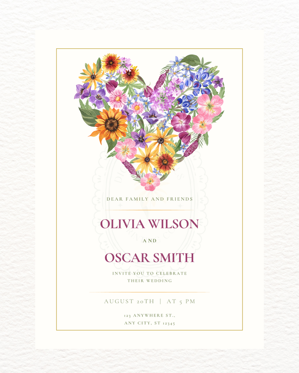 Wildflower Heart Wedding Invitation — Editable Digital Download Template
