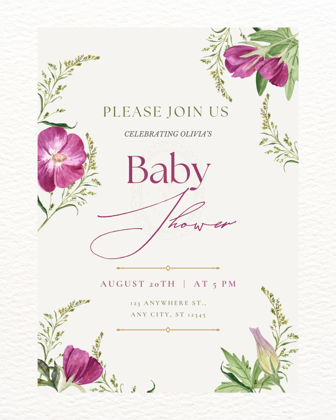 Purple Wildflower Baby Shower Invitation | Minimalist Printable Invite | Digital Download