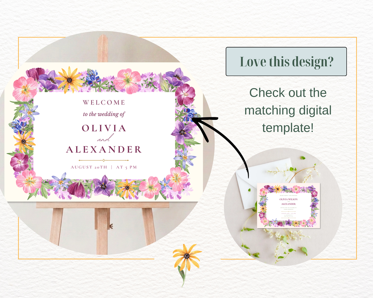 Dusty Lilac Wildflower Border Wedding Landscape Invitation | Printable Landscape Template | Digital Download