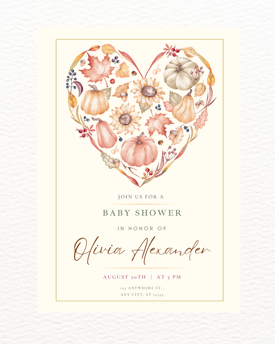 Autumn Heart Baby Shower Invitation | Printable Floral Invite | Digital Download