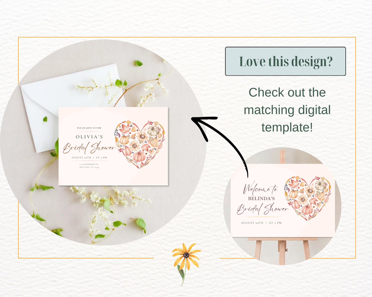Autumn Bridal Shower Welcome Sign | Rustic Heart Floral Border | Editable Canva Digital Download | Print at Home