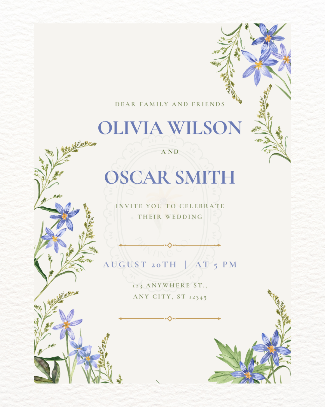 Blue Wildflower Wedding Invitation | Minimalist Printable Invite | Digital Download
